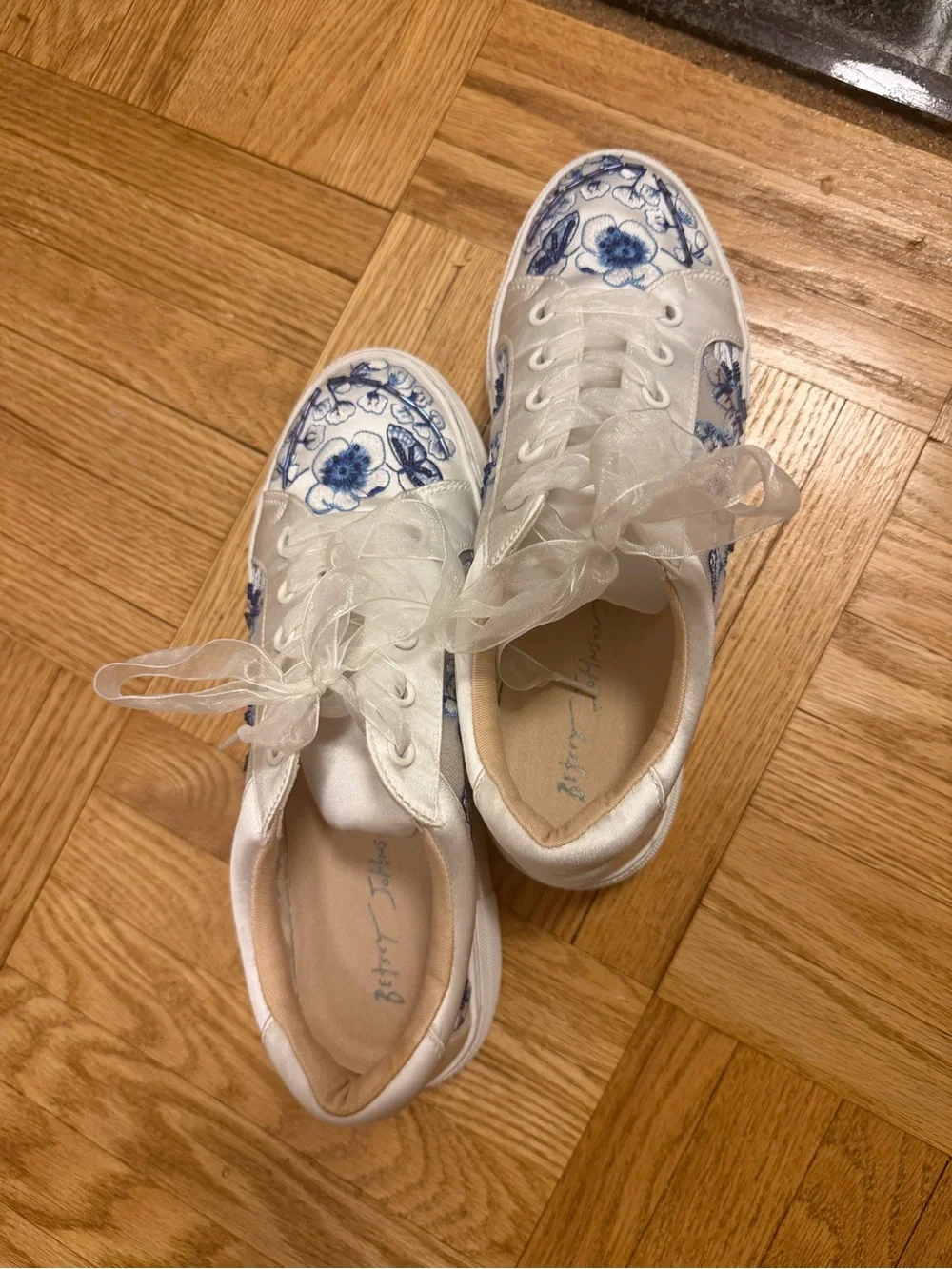 Betsey Johnson White Sneakers with Blue Floral Embroidery